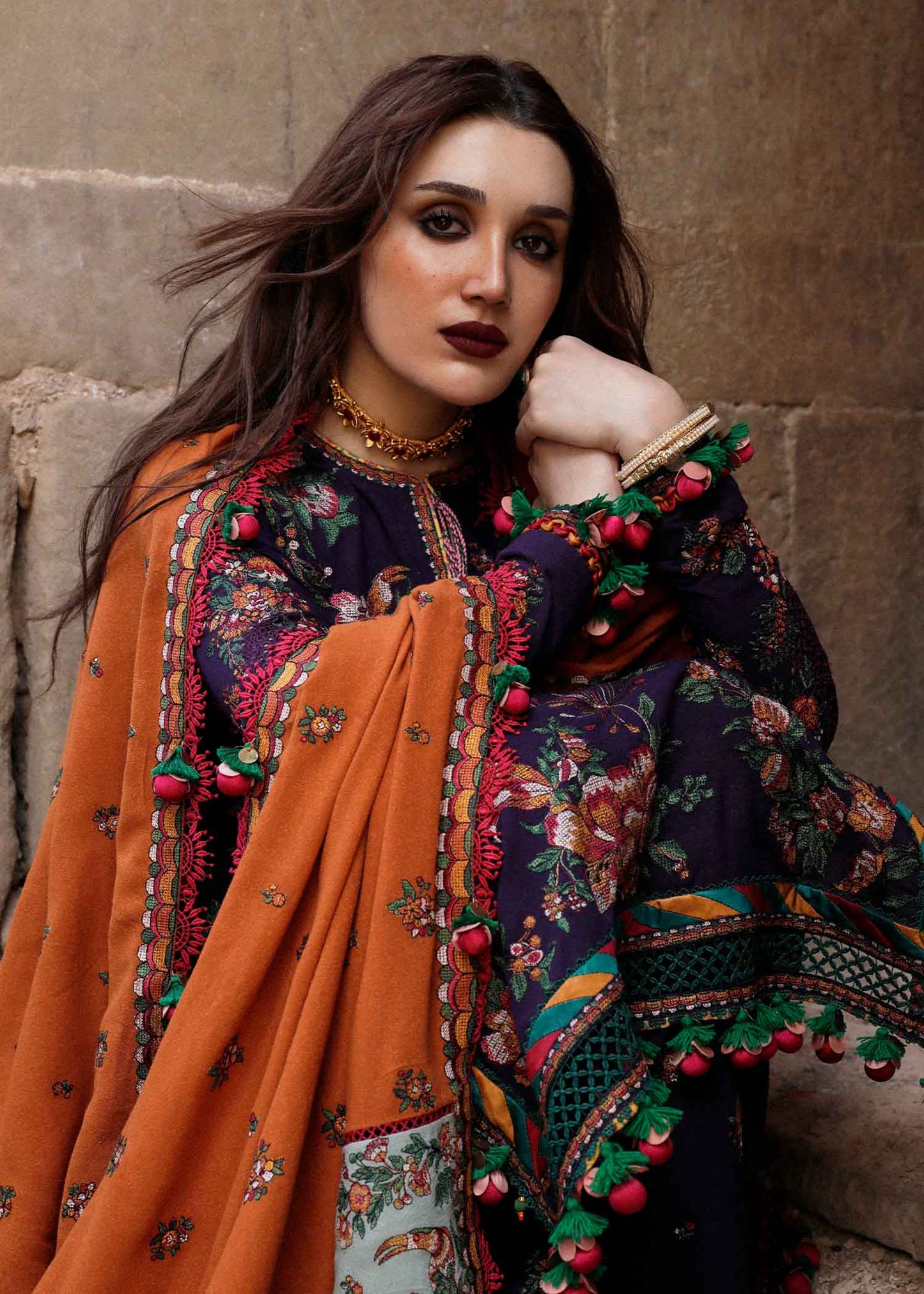 HUSSAIN REHAR 3PC DHANAK EMBROIDERED SHIRT WITH DHANAK PRINT SHAWL AND TROUSER DN-2010