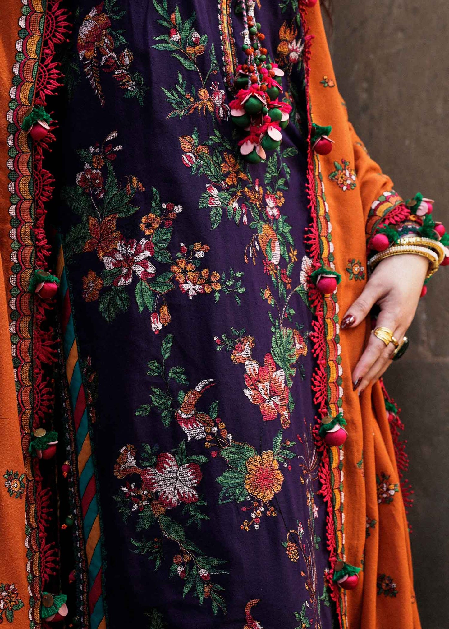 HUSSAIN REHAR 3PC DHANAK EMBROIDERED SHIRT WITH DHANAK PRINT SHAWL AND TROUSER DN-2010