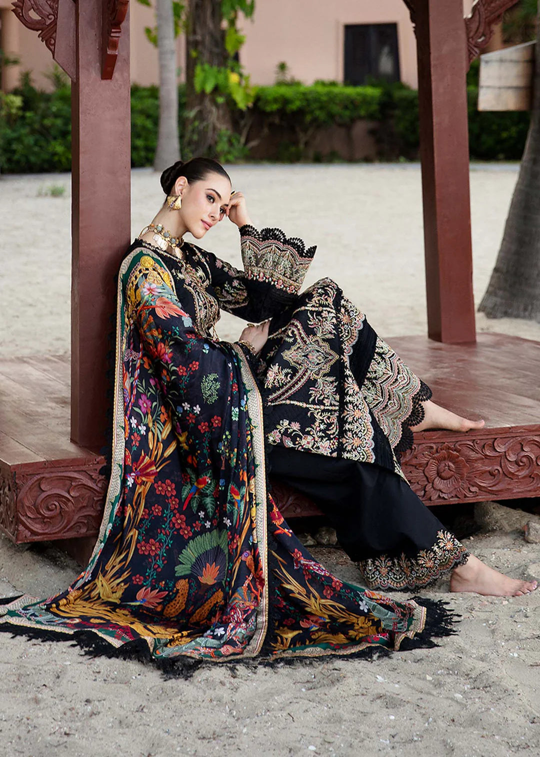 HUSSAIN REHAR 3PC DHANAK EMBROIDERED SHIRT WITH DHANAK EMB SHAWL AND TROUSER DN-2041