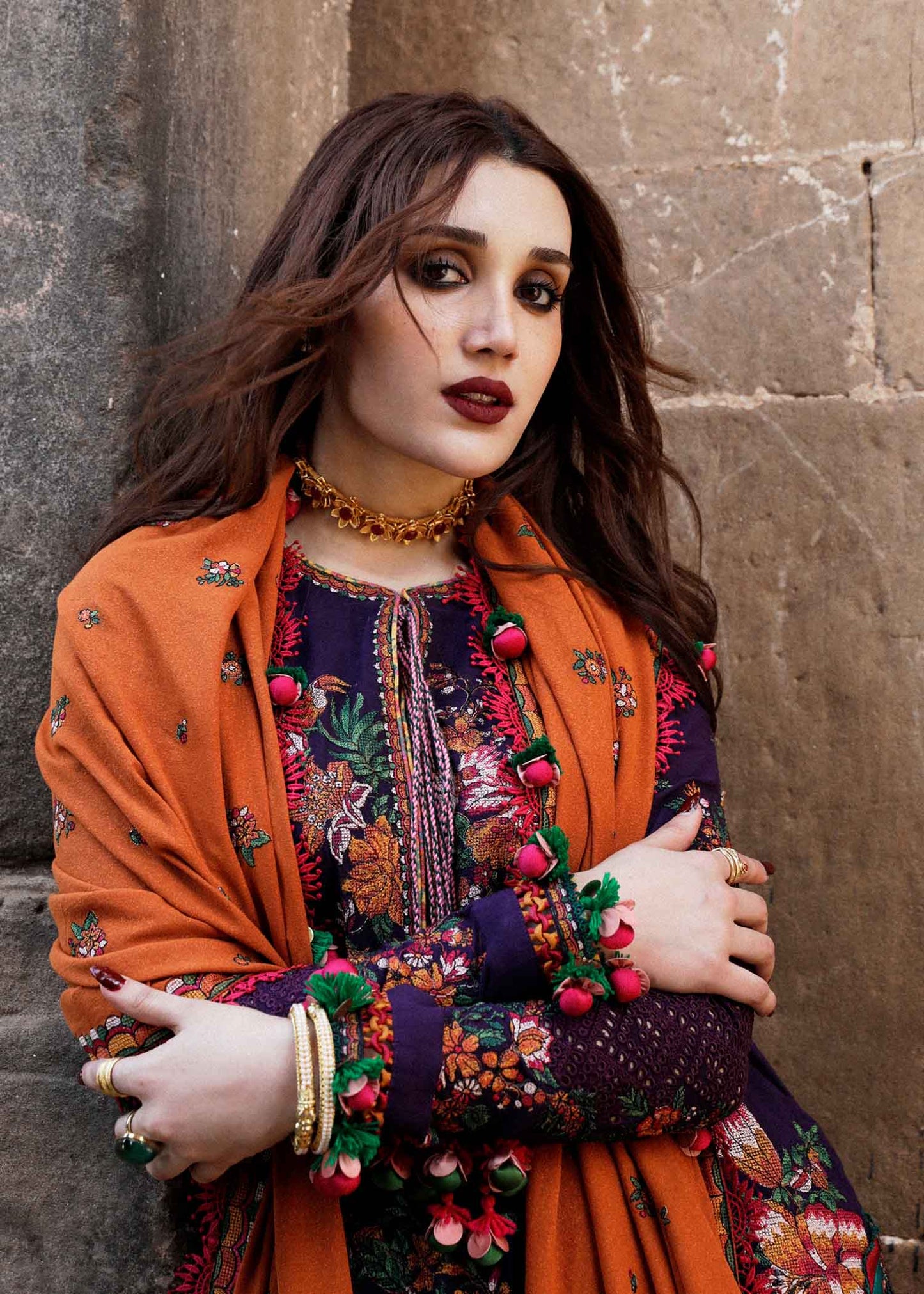 HUSSAIN REHAR 3PC DHANAK EMBROIDERED SHIRT WITH DHANAK PRINT SHAWL AND TROUSER DN-2010