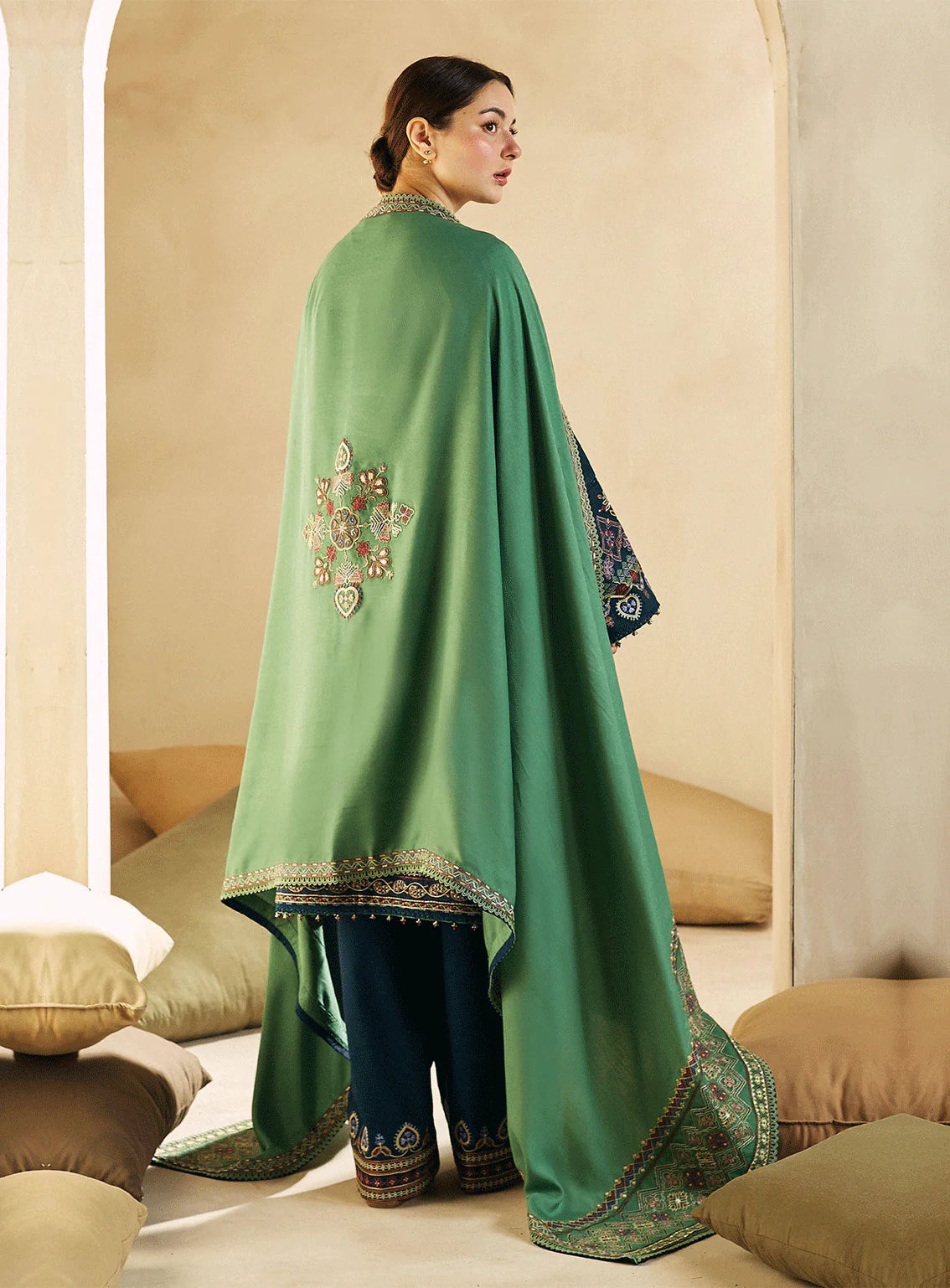 ZARA SHAHJAHAN 3PC DHANAK EMBROIDERED SHIRT WITH DHANAK SHAWL AND TROUSER DN-2055