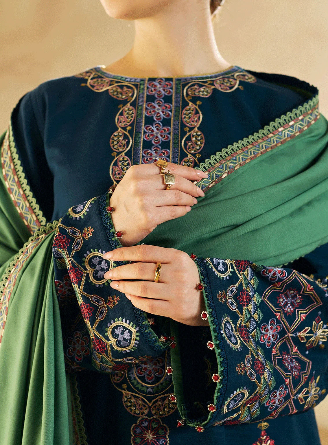 ZARA SHAHJAHAN 3PC DHANAK EMBROIDERED SHIRT WITH DHANAK SHAWL AND TROUSER DN-2055