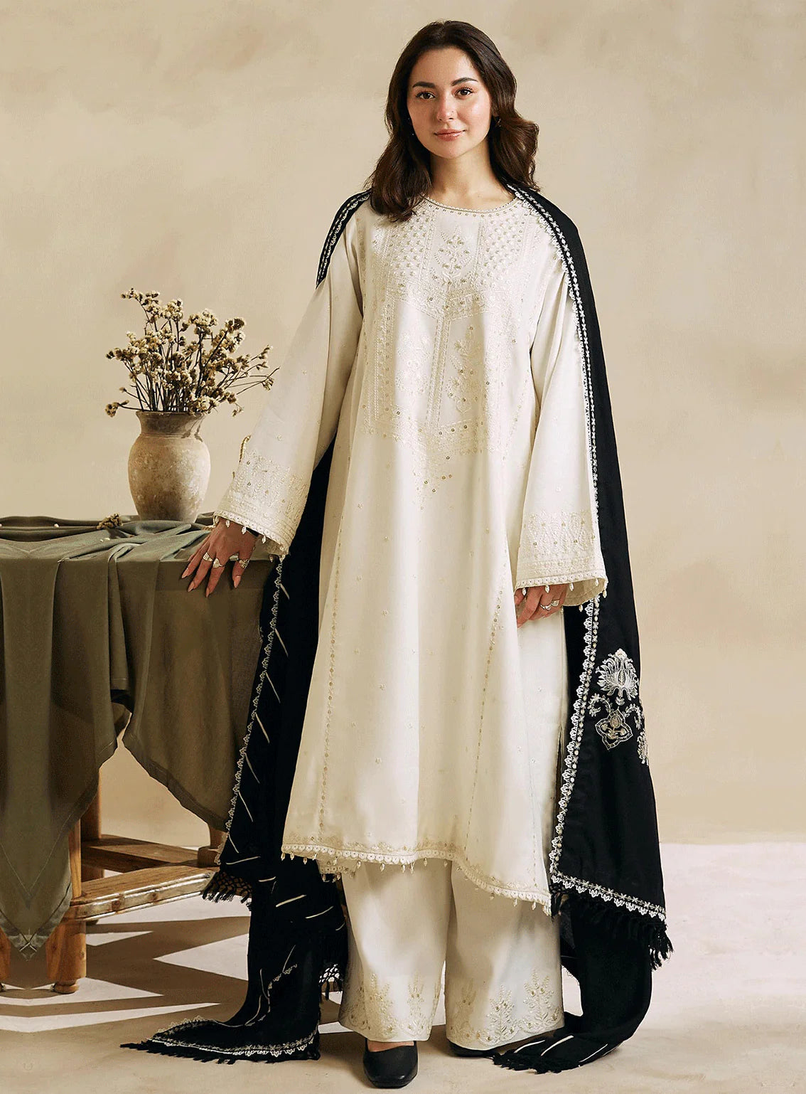 ZARA SHAHJAHAN 3PC DHANAK EMBROIDERED SHIRT WITH DHANAK SHAWL AND TROUSER DN-2056