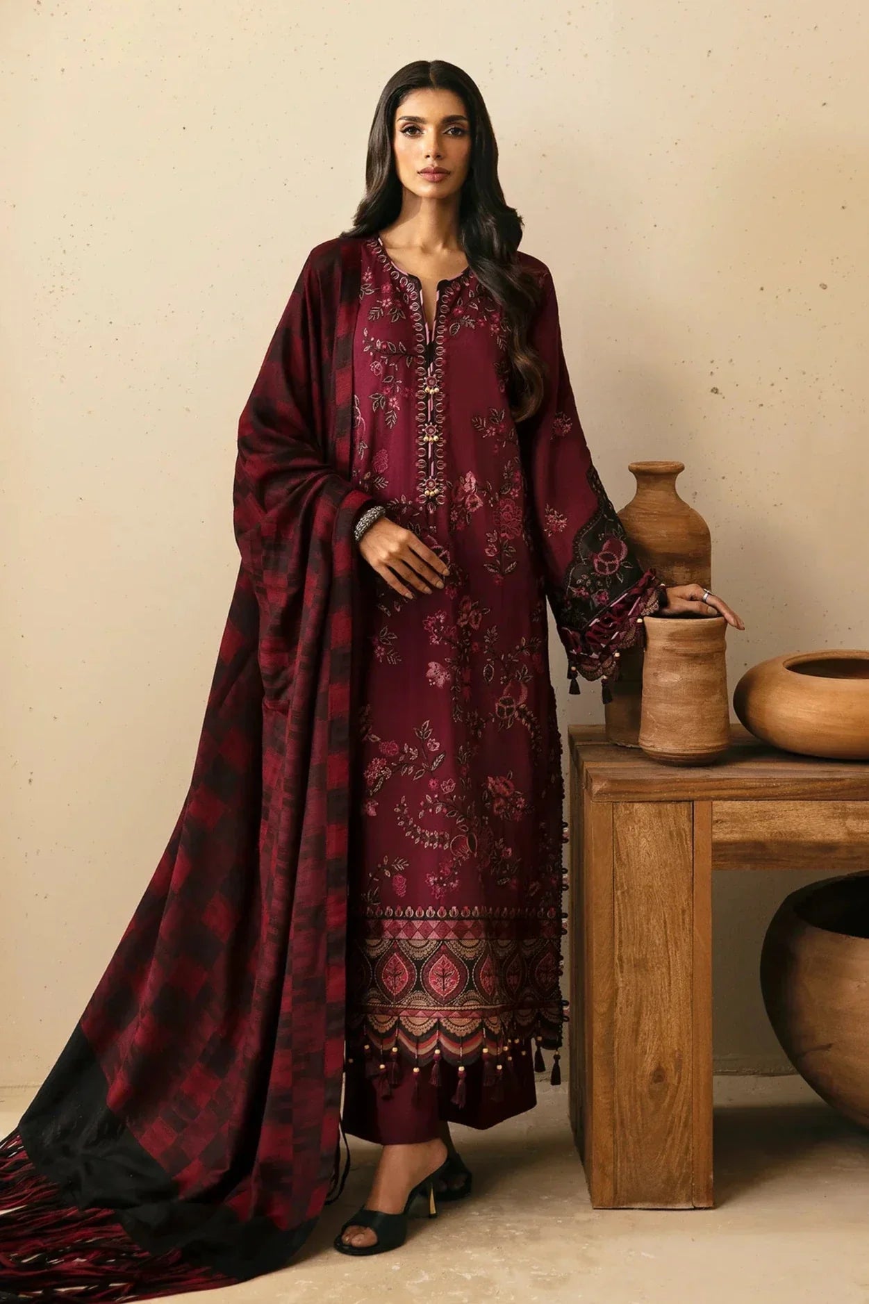 PHULKARI 3PC DHANAK EMBROIDERED SHIRT WITH DHANAK SHAWL AND TROUSER DN-2025