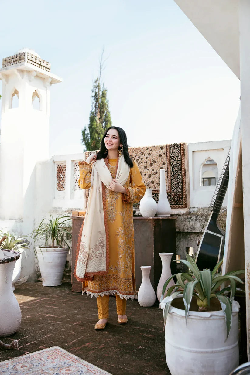 HUSSAIN REHAR 3PC DHANAK EMBROIDERED SHIRT WITH DHANAK SHAWL AND TROUSER DN-2061
