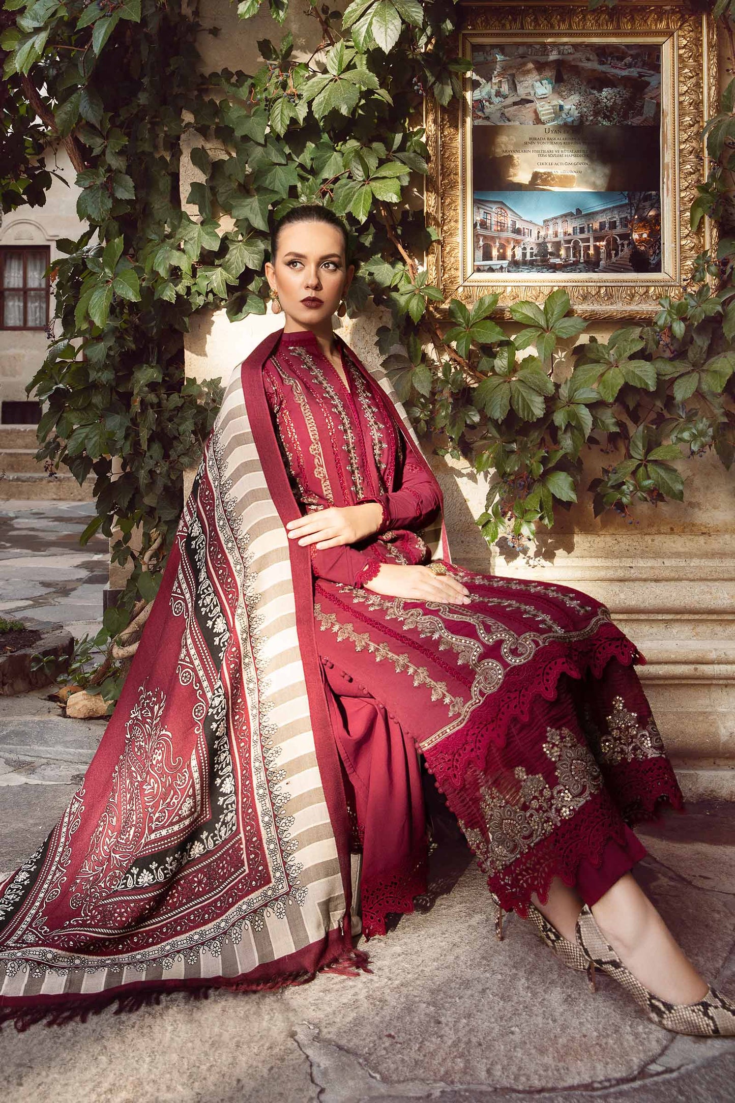 MARIA B 3PC DHANAK EMBROIDERED SHIRT WITH DHANAK SHAWL AND TROUSER DN-2067