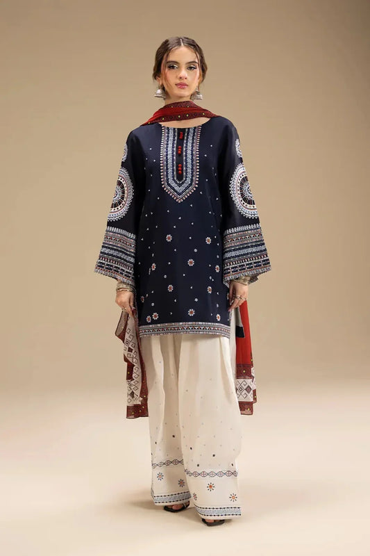 ETHNIC 3PC DHANAK EMBROIDERED SHIRT WITH DHANAK SHAWL AND TROUSER DN-2070