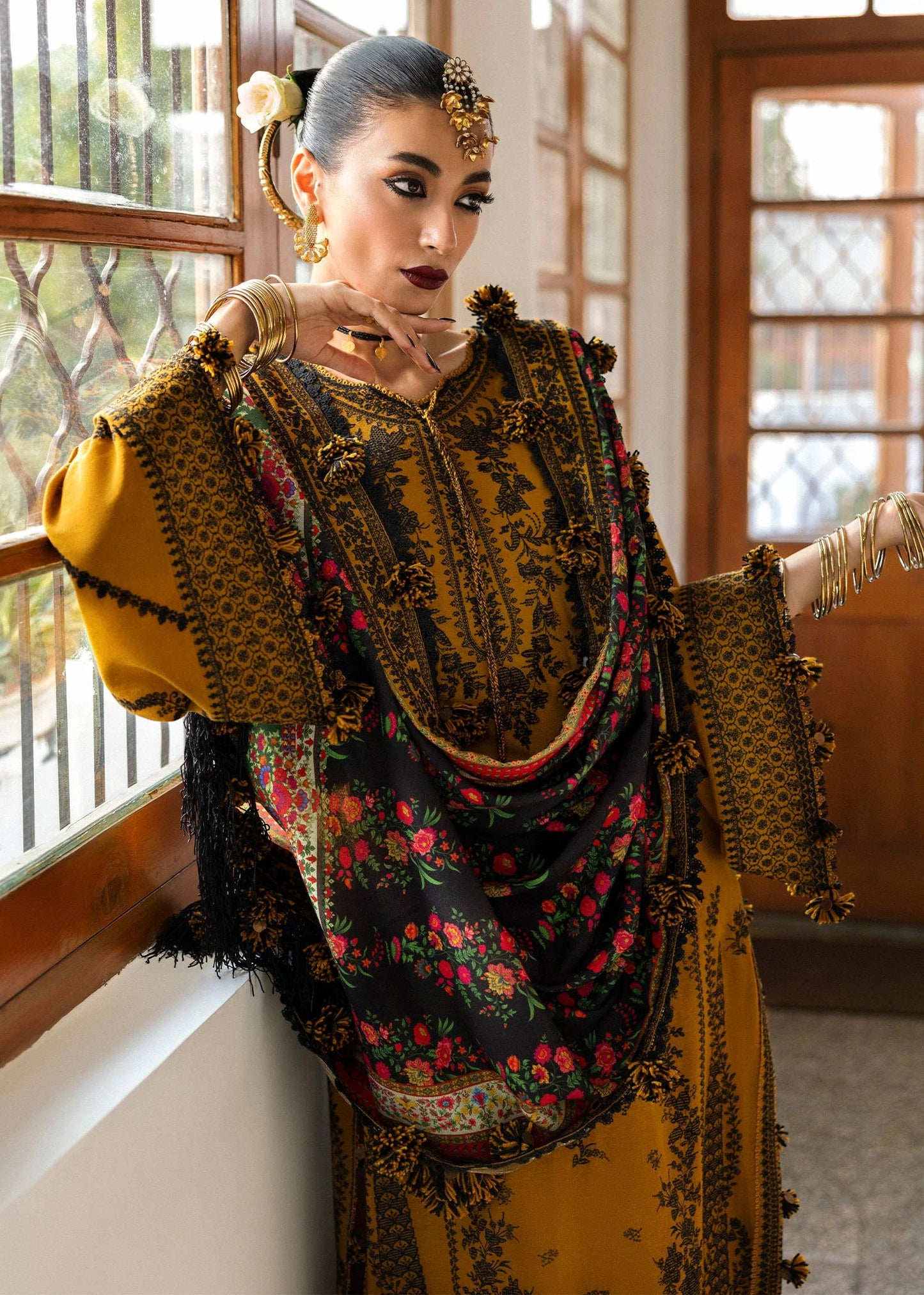 SAAGE 3PC DHANAK EMBROIDERED SHIRT WITH DHANAK SHAWL AND TROUSER DN-2072