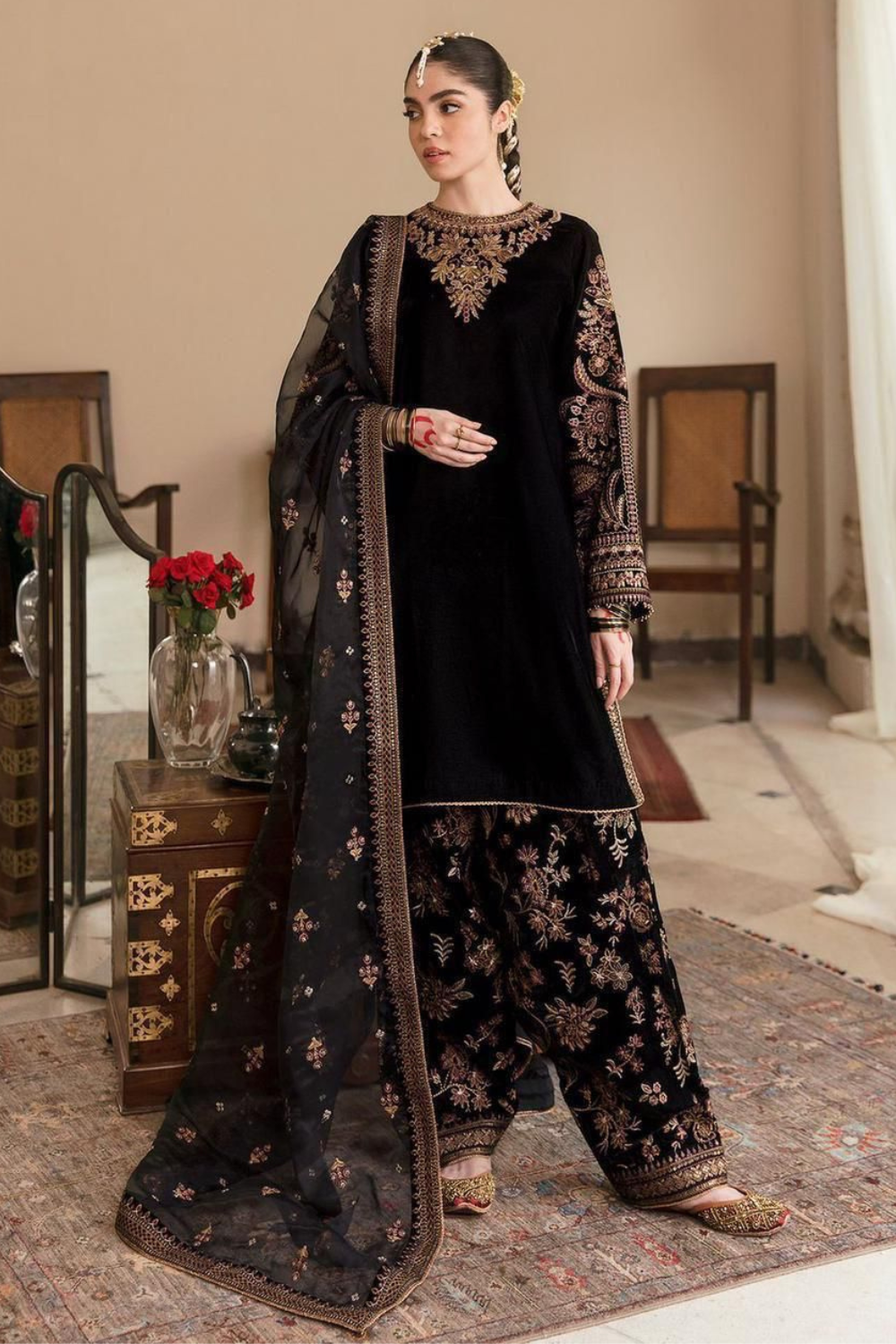 EMBROIDERED 3PC SILK DRESS WITH CHIFFON EMBROIDERED DUPATTA IR5015