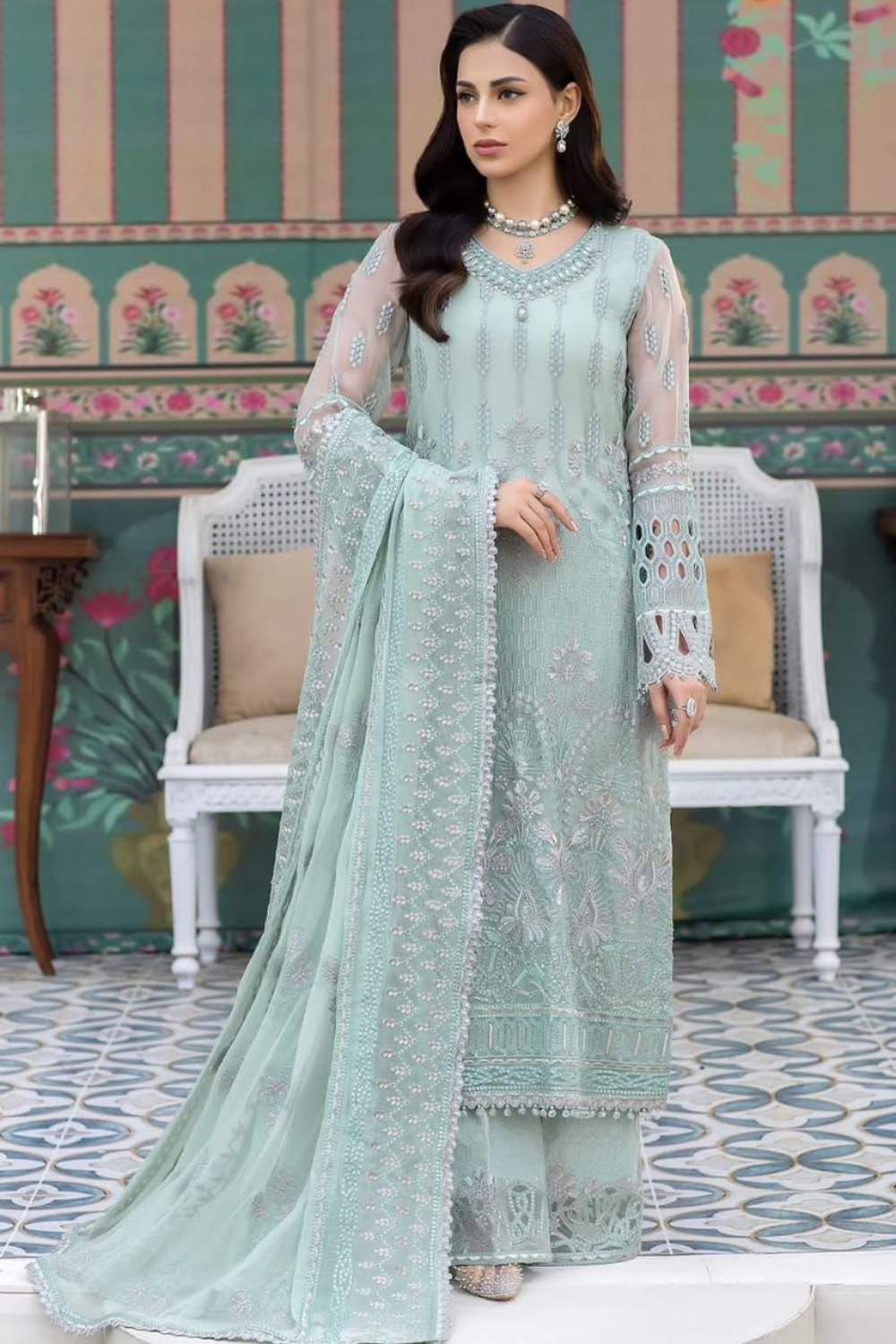 EMBROIDERED 3PC SILK DRESS WITH CHIFFON EMBROIDERED DUPATTA IR5039