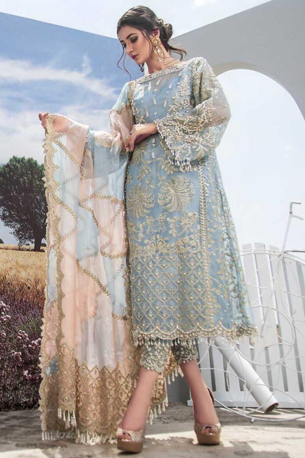 EMBROIDERED 3PC SILK DRESS WITH CHIFFON EMBROIDERED DUPATTA IR5001