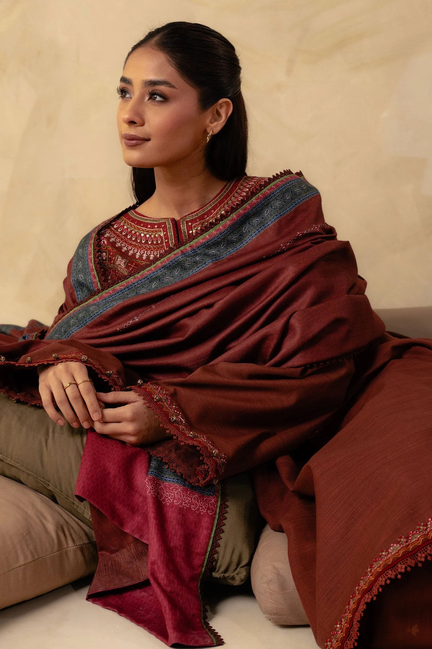 ZARA SHAHJAHAN 3PC DHANAK EMBROIDERED SHIRT WITH DHANAK SHAWL AND TROUSER DN-2081