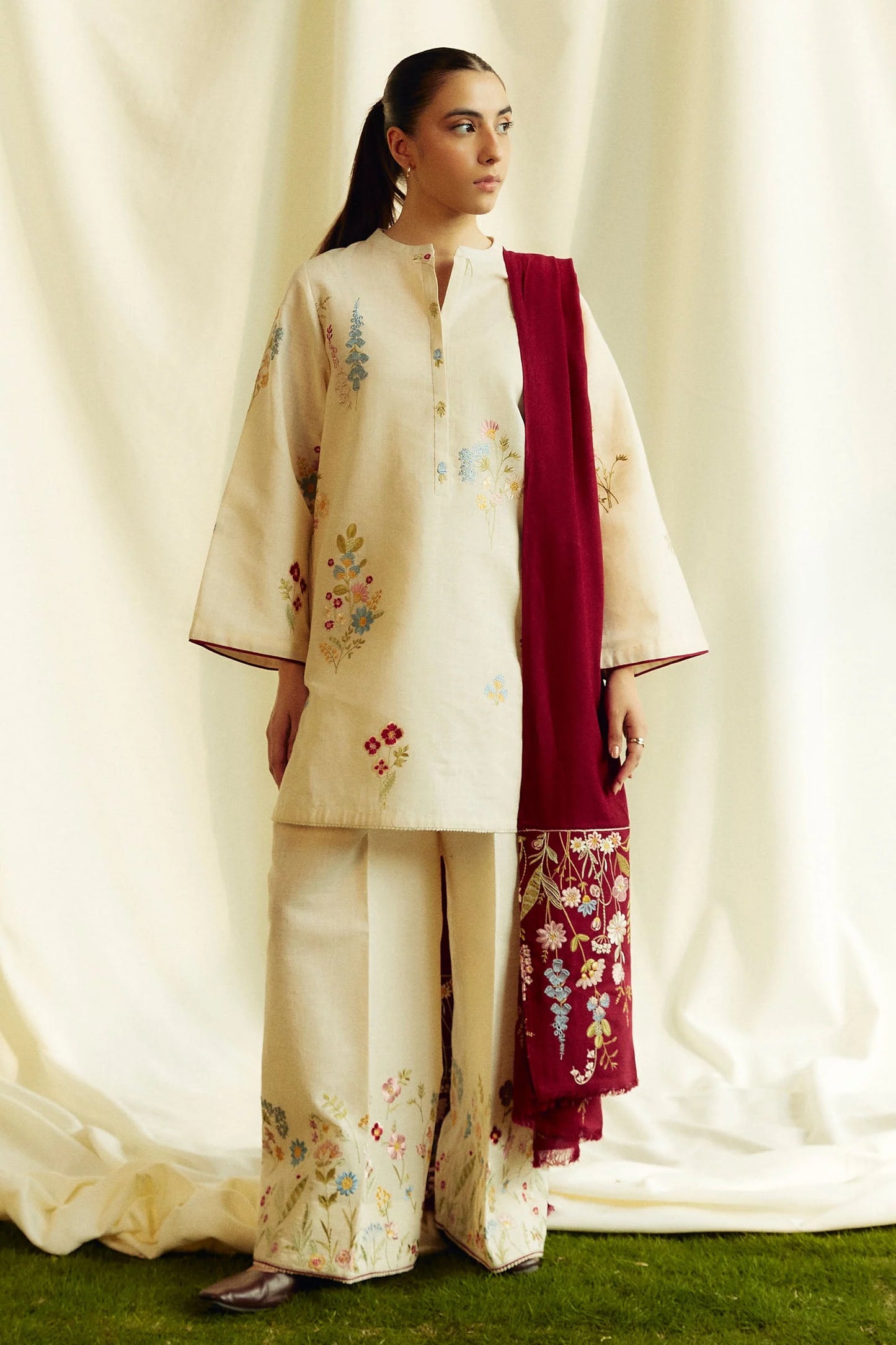 ZARA SHAHJAHAN 3PC DHANAK EMBROIDERED SHIRT WITH DHANAK SHAWL AND TROUSER DN-2082