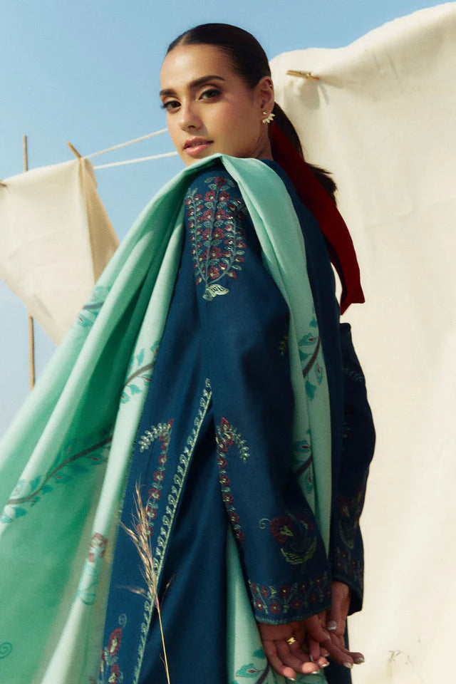 ZARA SHAHJAHAN 3PC DHANAK EMBROIDERED SHIRT WITH DHANAK SHAWL AND TROUSER DN-2083