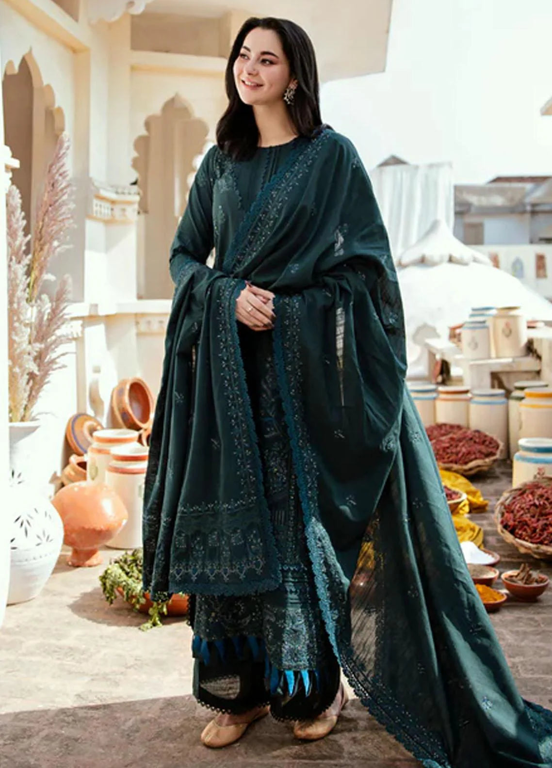 HUSSAIN REHAR 3PC DHANAK EMBROIDERED SHIRT WITH DHANAK SHAWL AND TROUSER DN-2048