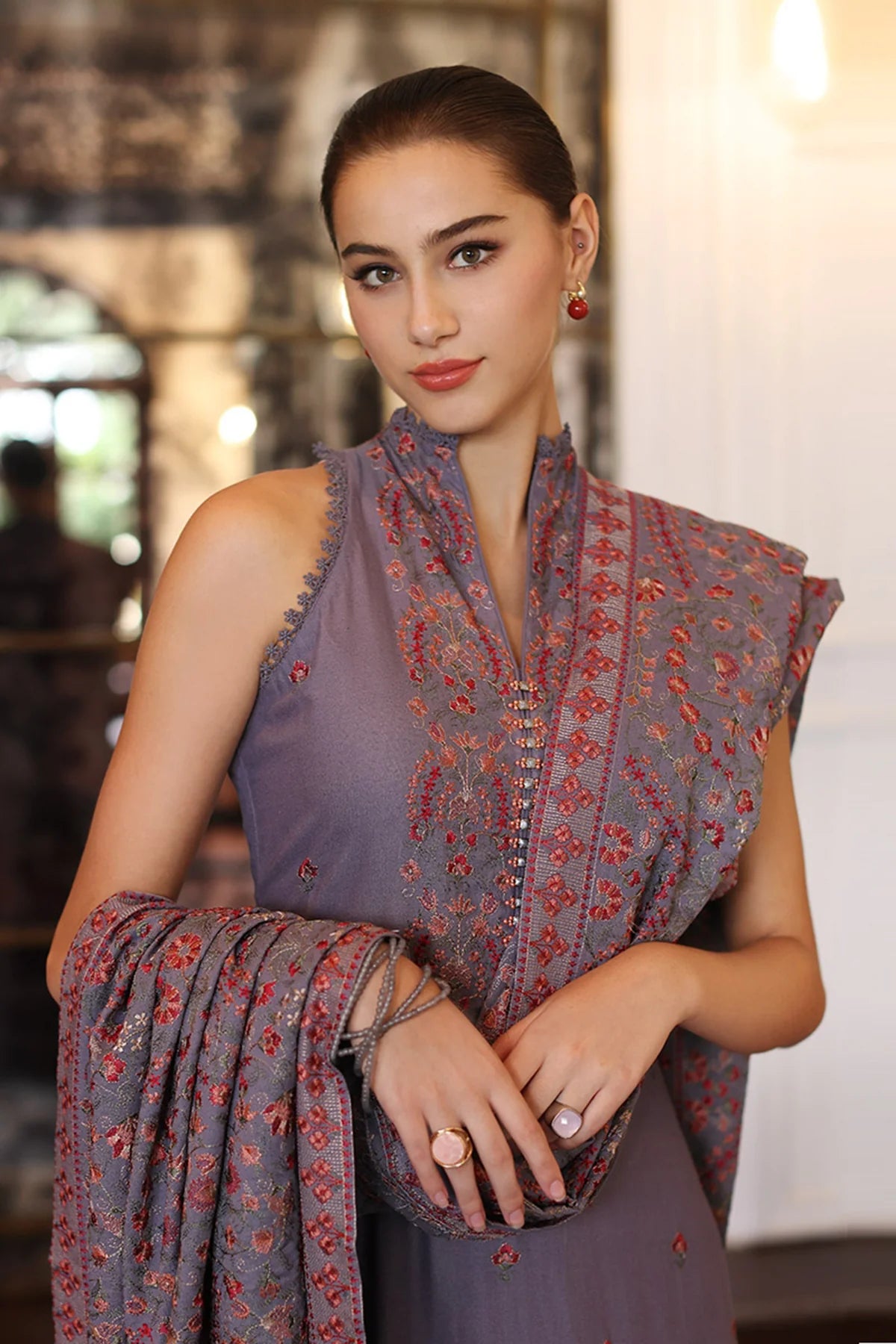 BAREEZE 3PC DHANAK EMBROIDERED SHIRT WITH DHANAK SHAWL AND TROUSER DN-2019