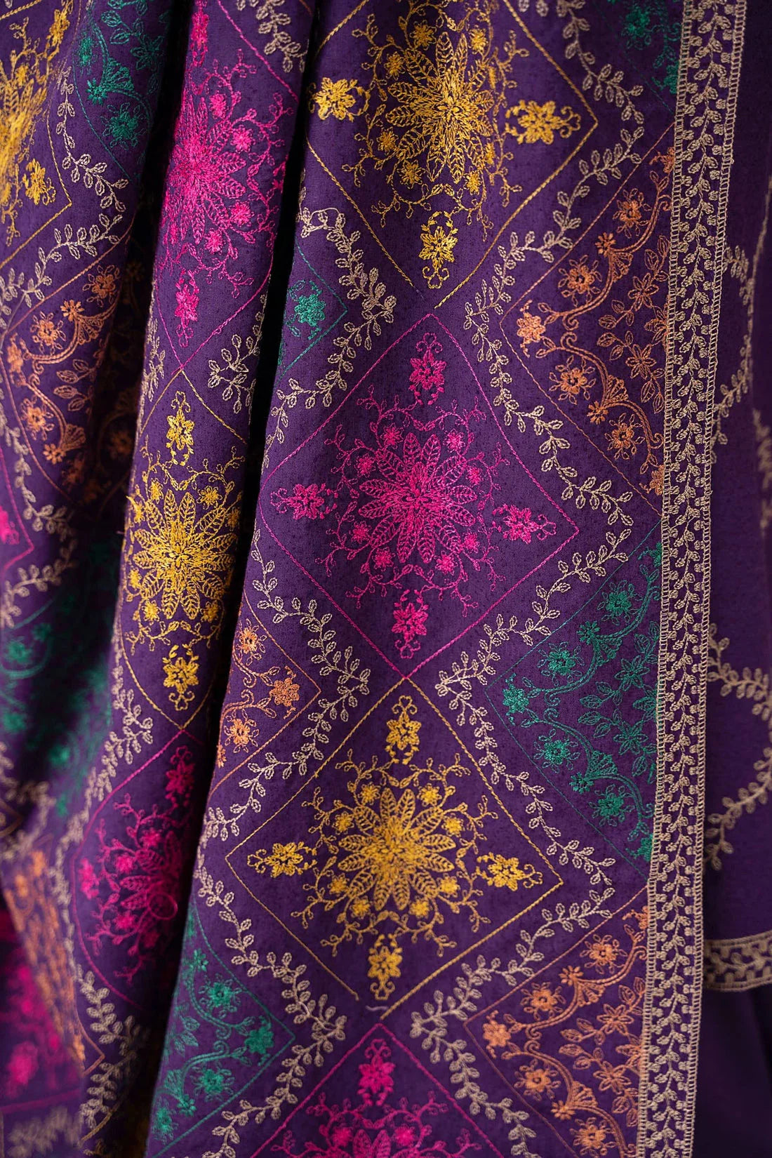 PHULKARI 3PC DHANAK EMBROIDERED SHIRT WITH DHANAK SHAWL AND TROUSER DN-2024