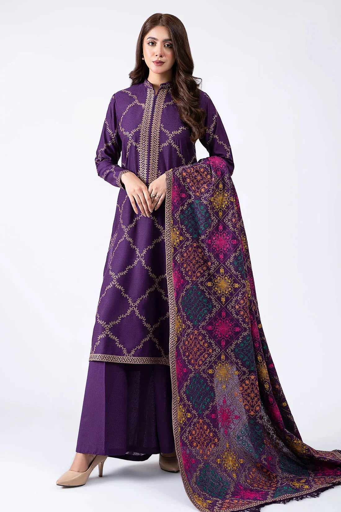 PHULKARI 3PC DHANAK EMBROIDERED SHIRT WITH DHANAK SHAWL AND TROUSER DN-2024