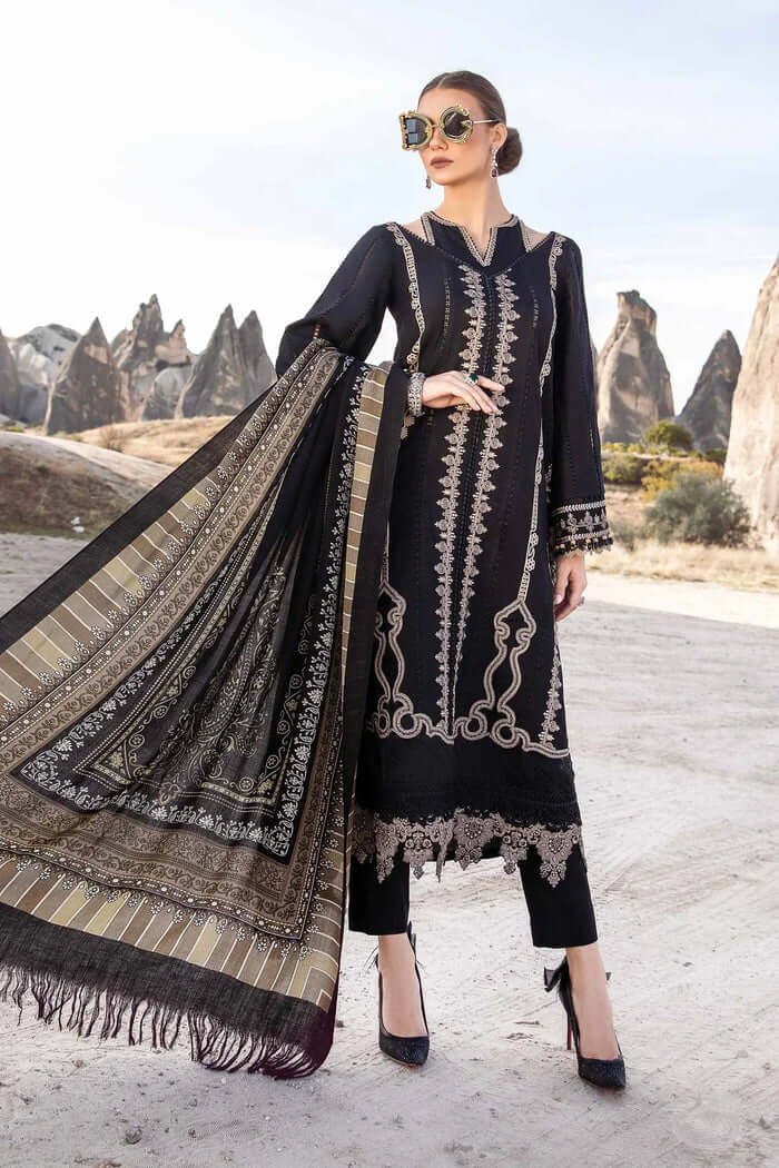 MARIA B 3PC DHANAK EMBROIDERED SHIRT WITH DHANAK SHAWL AND TROUSER DN-2074