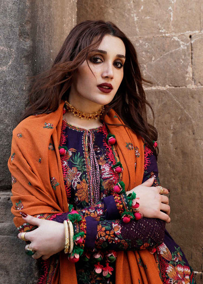 HUSSAIN REHAR 3PC DHANAK EMBROIDERED SHIRT WITH DHANAK PRINT SHAWL AND TROUSER DN-2010
