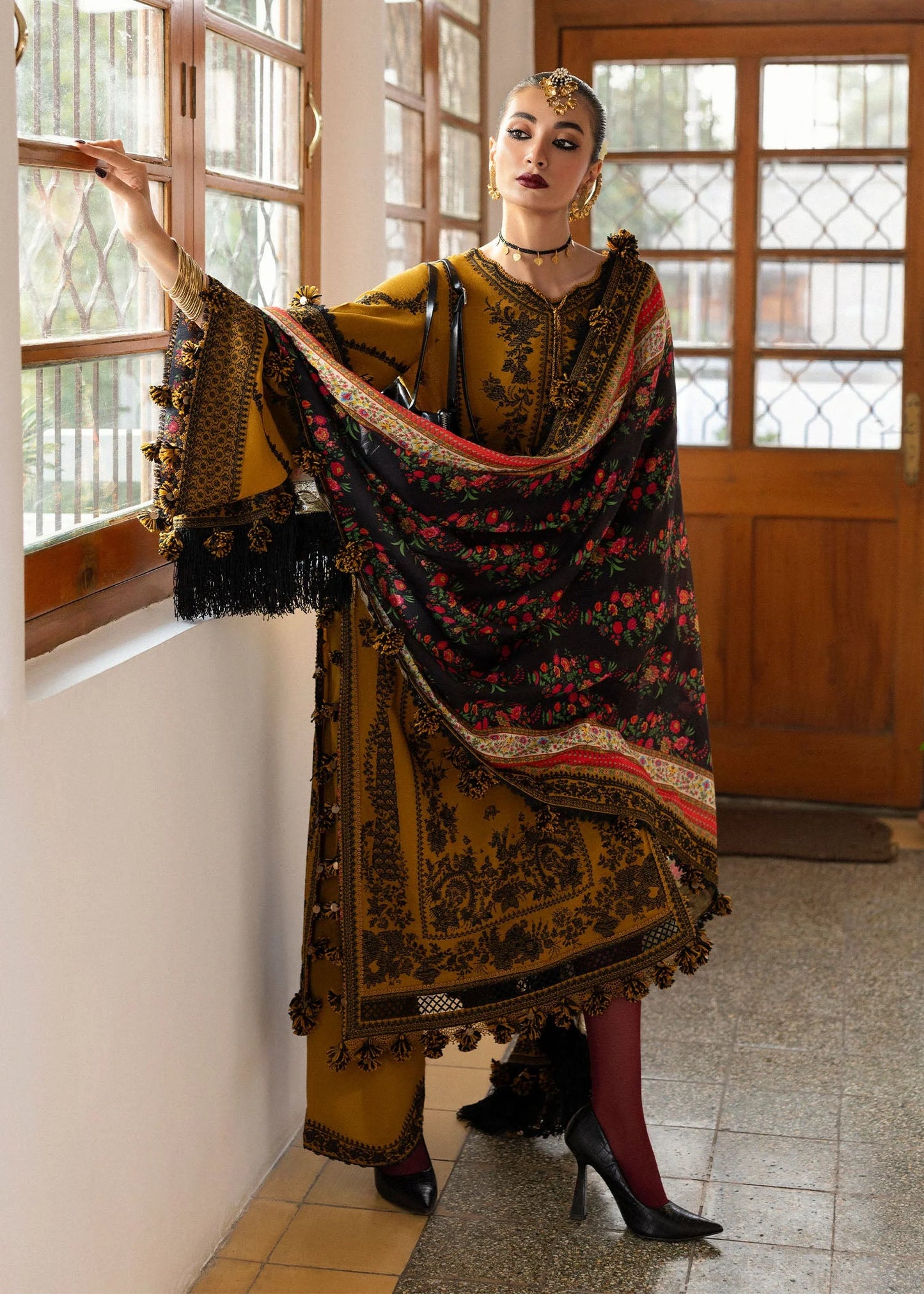 SAAGE 3PC DHANAK EMBROIDERED SHIRT WITH DHANAK SHAWL AND TROUSER DN-2072