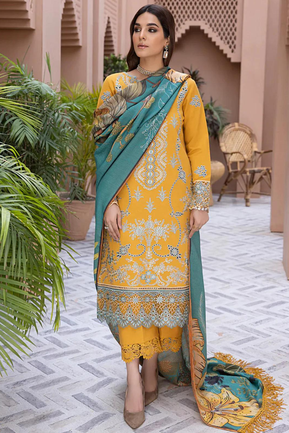 3PC Embroidered with Print Duppata SM-226