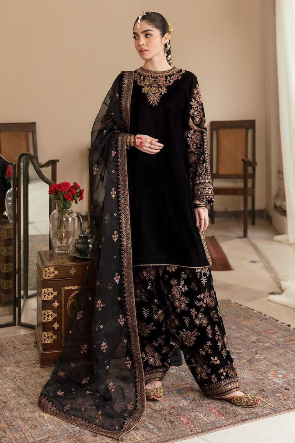 EMBROIDERED 3PC SILK  DRESS WITH CHIFFON EMBROIDERED DUPATTA  IR5015