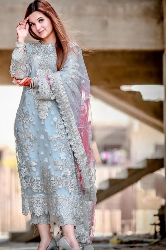 EMBROIDERED 3PC SILK  DRESS WITH CHIFFON EMBROIDERED DUPATTA  IR5002