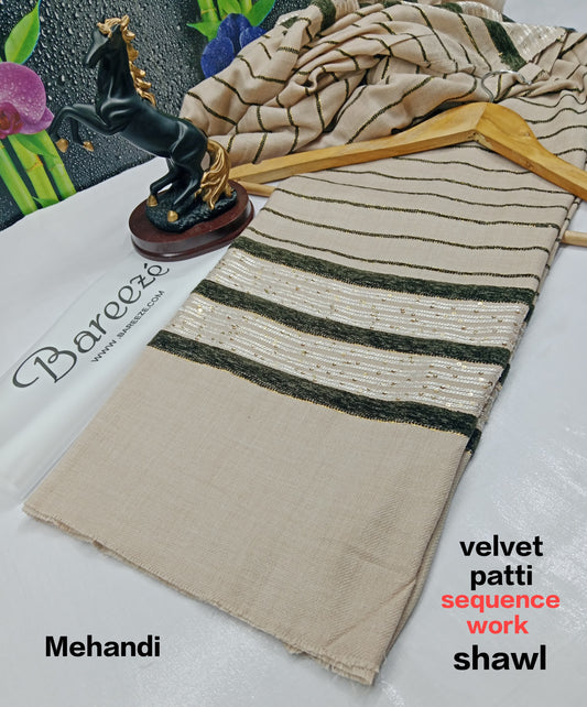 Ladies Semi Wool Velvet Patti and Sequence Work Mehandi Shawl VL-1801