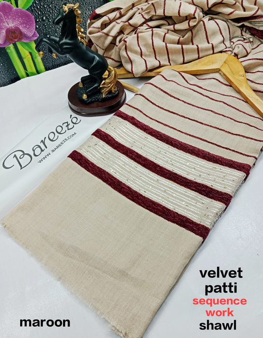 Ladies Semi Wool Velvet Patti and Sequence Work Mahroon Shawl VL-1804